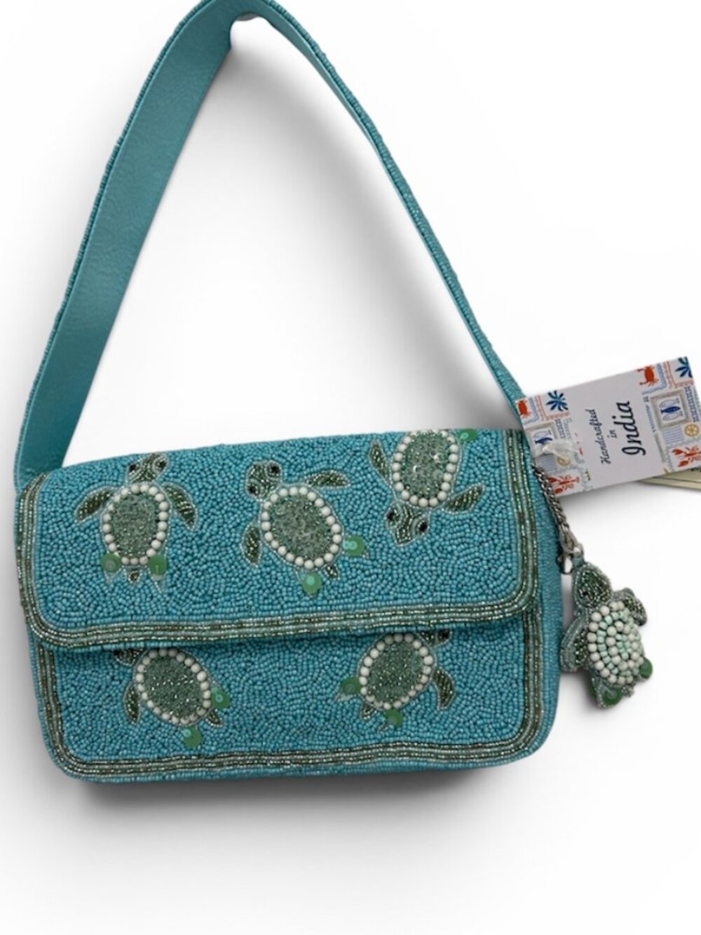 Handcrafted in India Tik Tok Viral Beaded Sea Turtle Shoulder Bag  w Charm NWT
